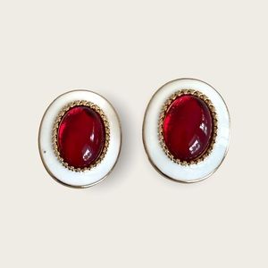 Monet red cabochon white enameled clip stud
